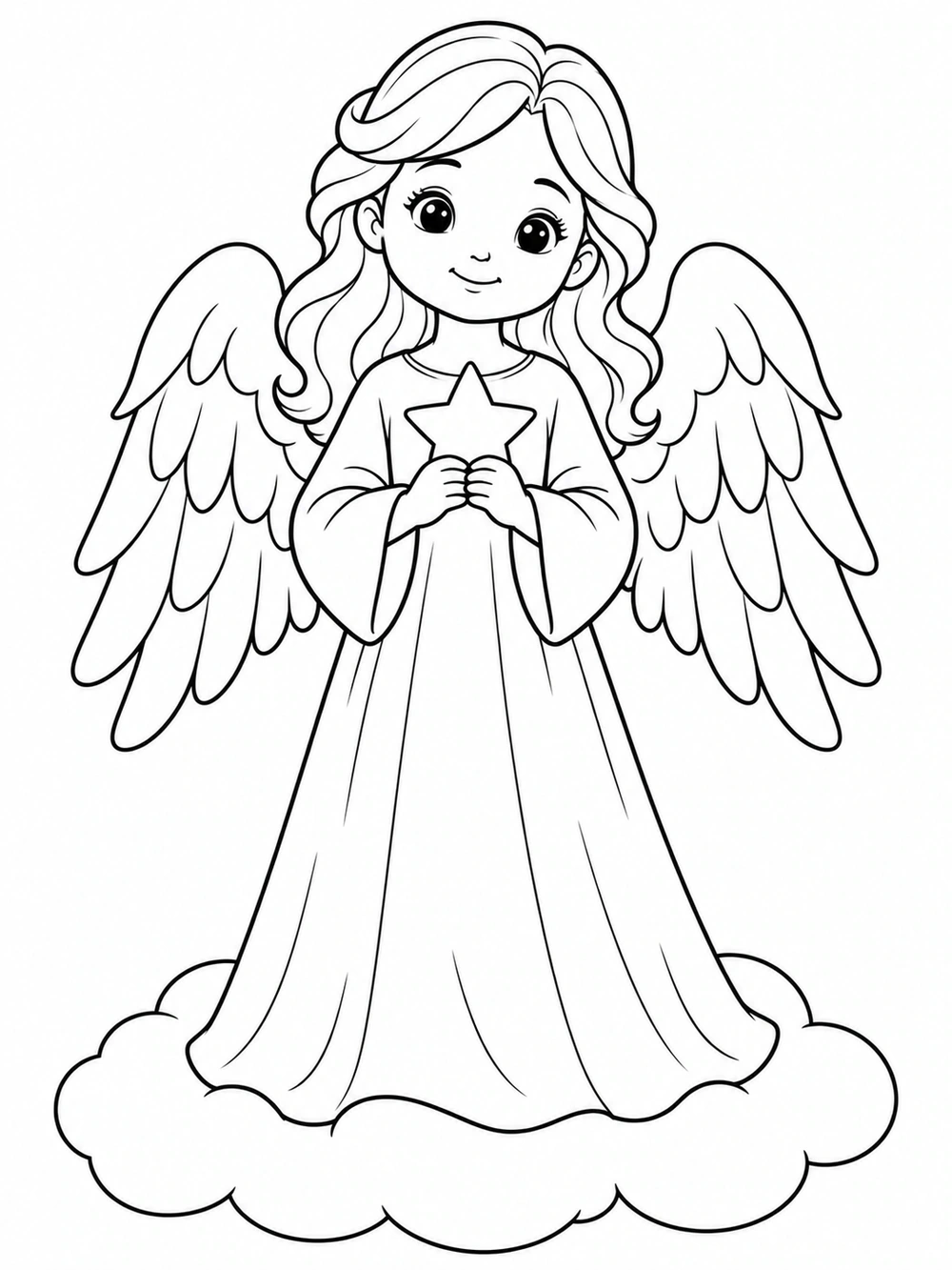 Smiling angel with wings, a long gown, and a star, standing on a cloud