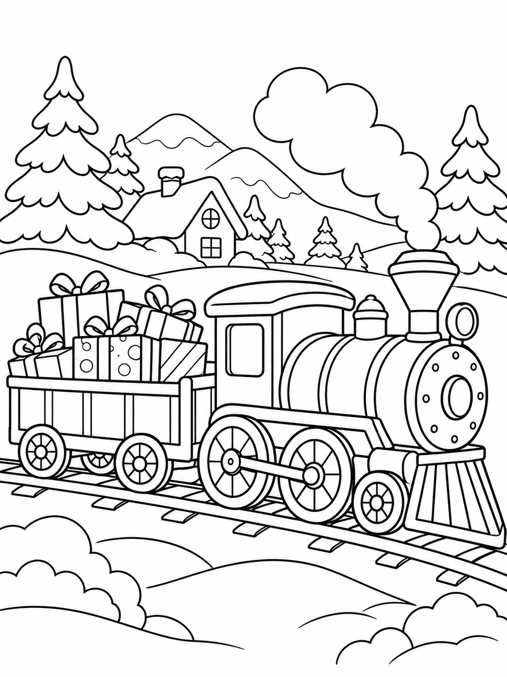Black-and-white toy steam train with a gift-filled carriage on snowy tracks, framed by evergreen trees, hills, and a small house.