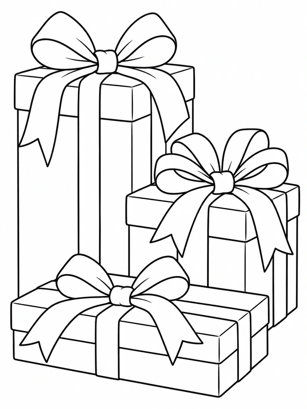 A tall gift, a medium square gift, and a small wide gift with large bows and ribbons, drawn as a black-and-white coloring page.