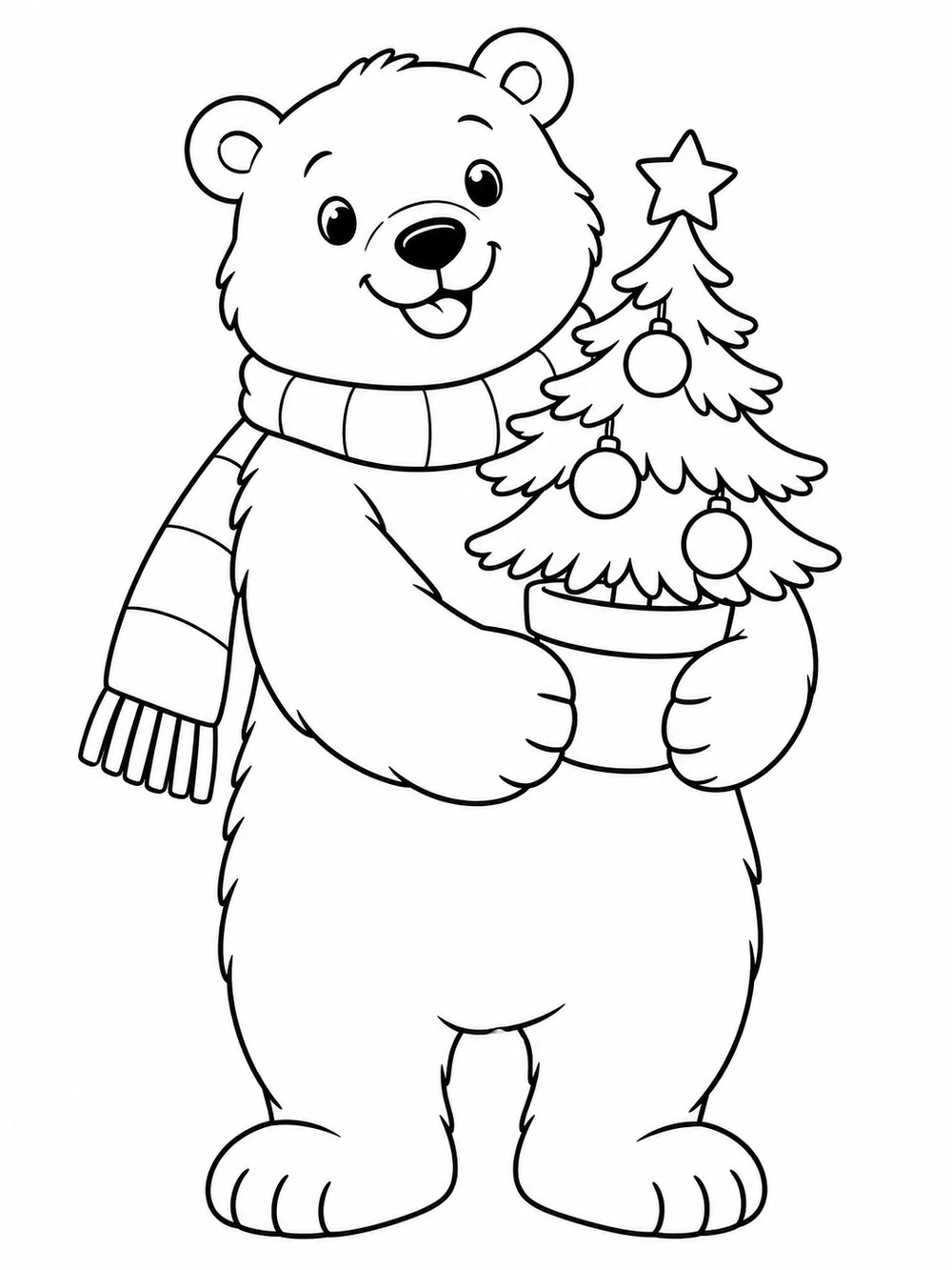 Friendly upright polar bear wearing a scarf and holding a small potted Christmas tree with a star and round ornaments, in black-and-white coloring-page line art.