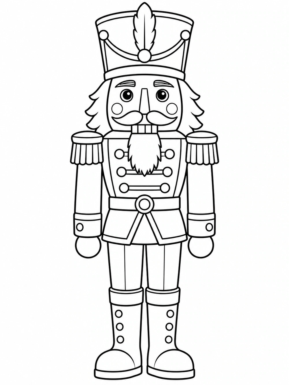 Front-facing nutcracker soldier with a tall feathered hat, squared beard, decorated uniform, straight trousers, and boots.