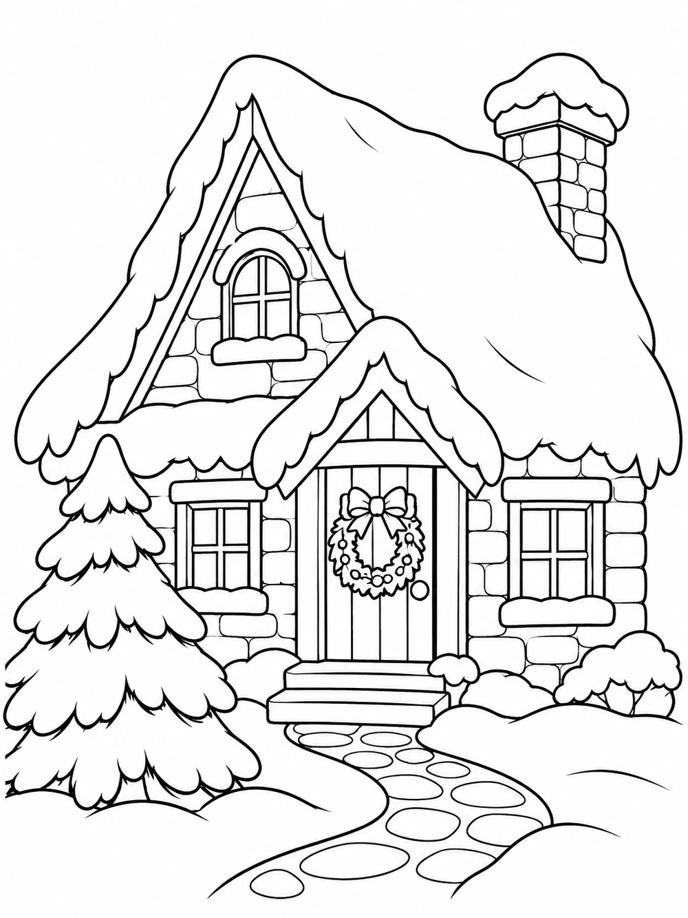 Large snow-covered village cottage with a wreath on its front door, two windows, chimney, winding path, and nearby evergreen.