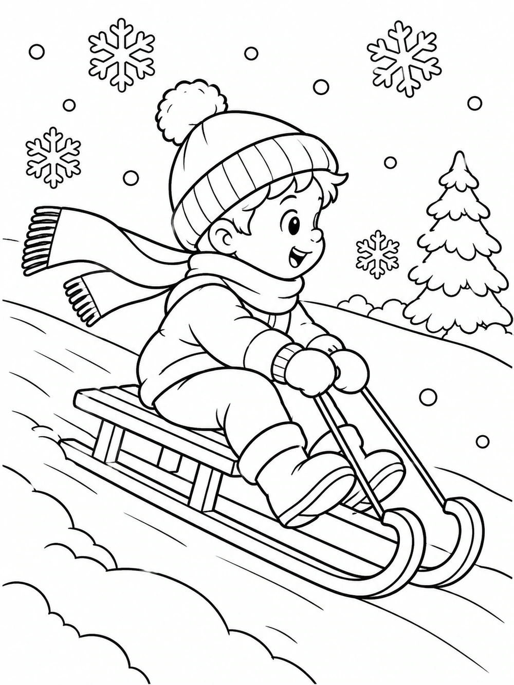A smiling child in a hat, scarf, and mittens rides a wooden sled past snowflakes and a pine tree.