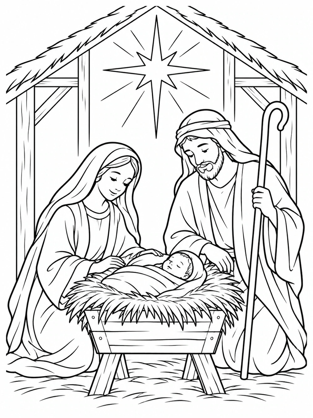 Black-outline nativity coloring page showing Mary and Joseph beside baby Jesus in a manger inside a stable, with a large star above.
