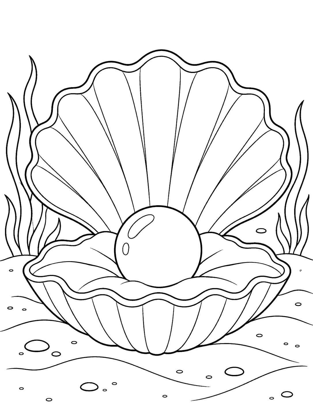 Open clam shell with a pearl on a sandy ocean floor coloring page
