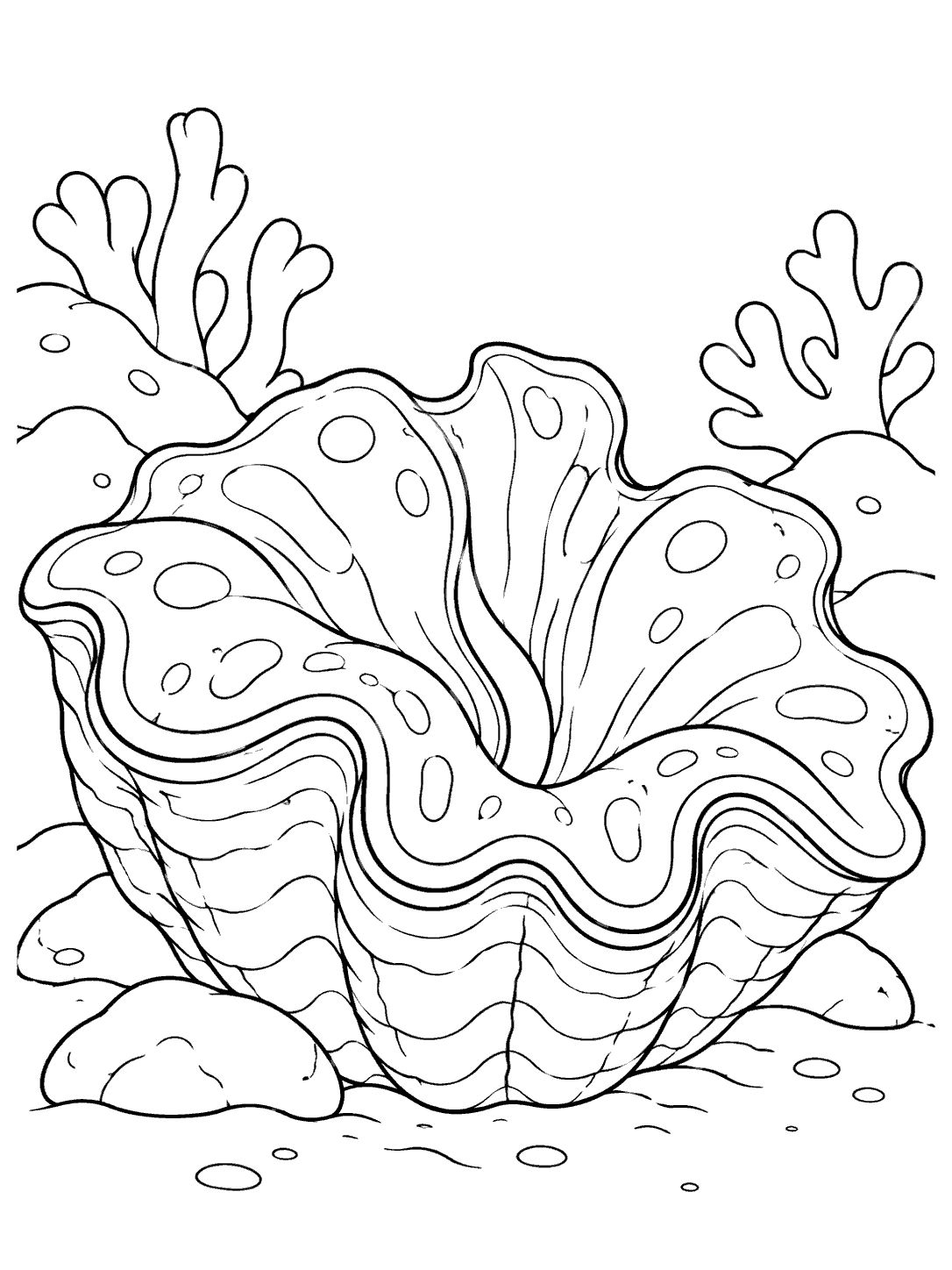 Giant clam with a wide, wavy mantle and rounded coral formations in a printable coloring page.