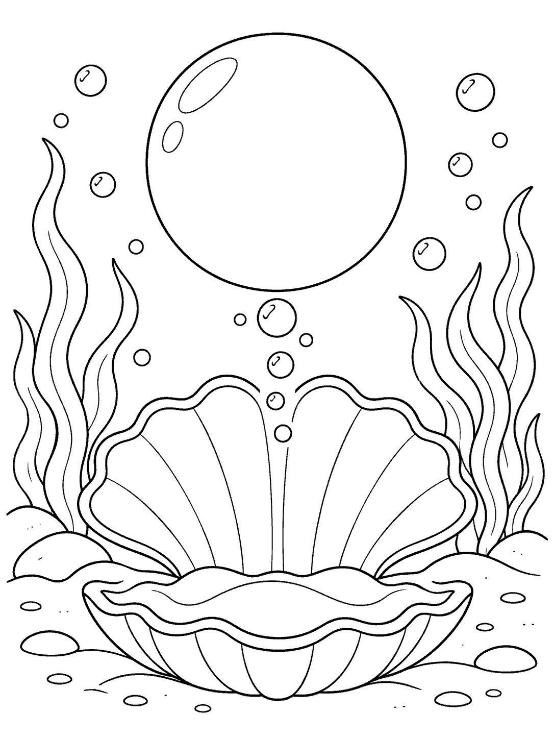 An open ridged clam beneath a large round pearl, surrounded by bubbles, in a black and white coloring page.
