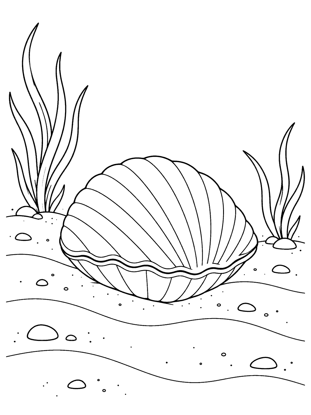 Large fan-ridged clam resting on a rippled seafloor between two tufts of sea grass coloring page