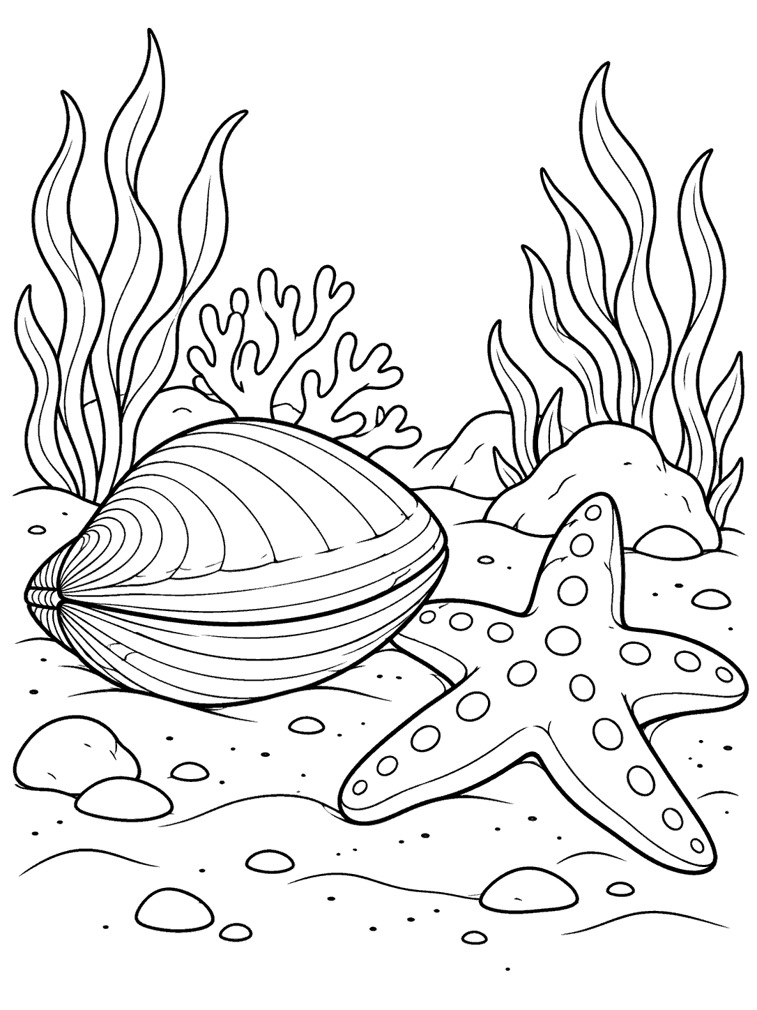 Closed ridged clam and spotted five-armed sea star on a simple ocean floor coloring page