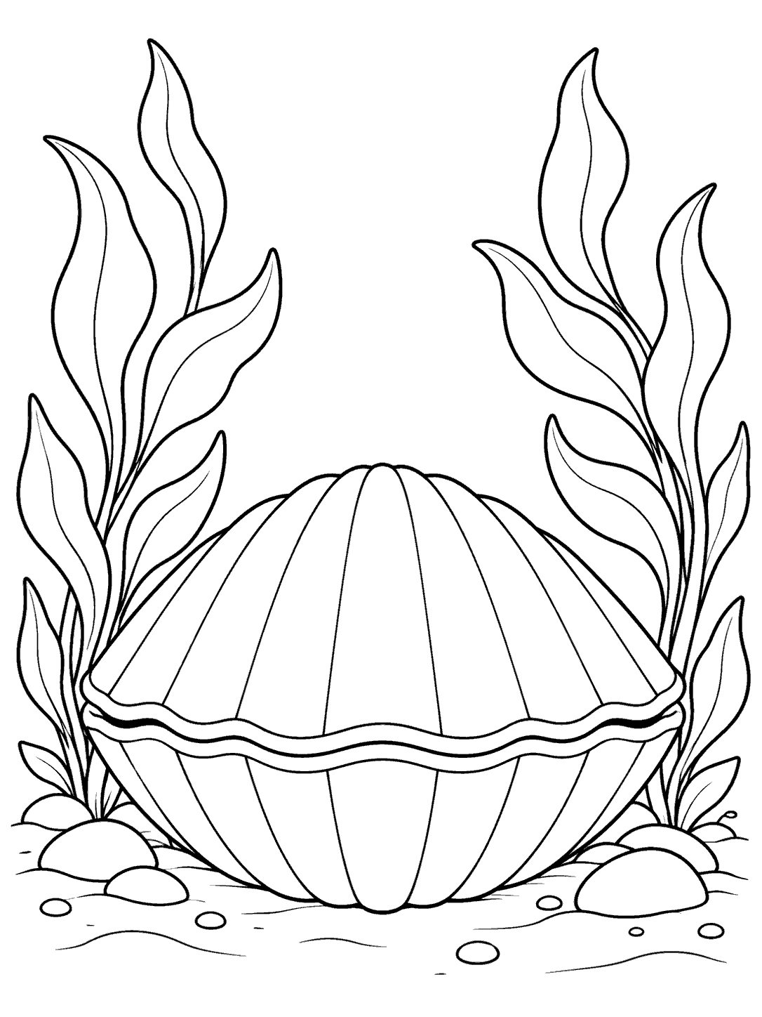 Large closed clam framed by broad-leaf seaweed on a coloring page.