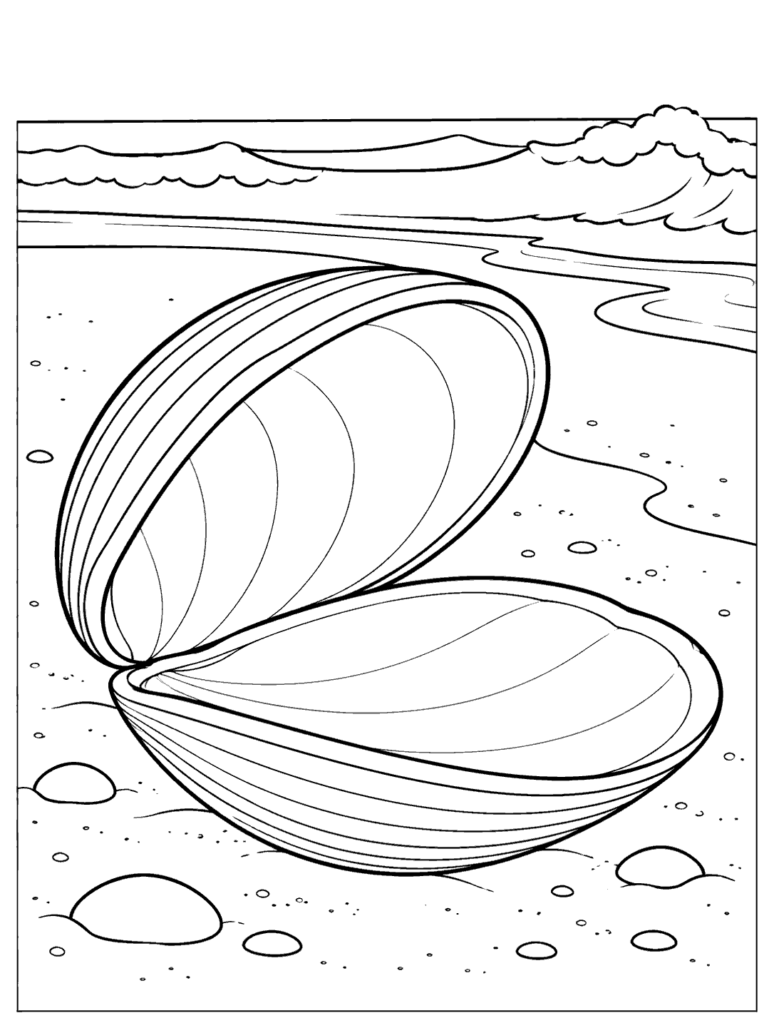 Open clam shell on a beach coloring page