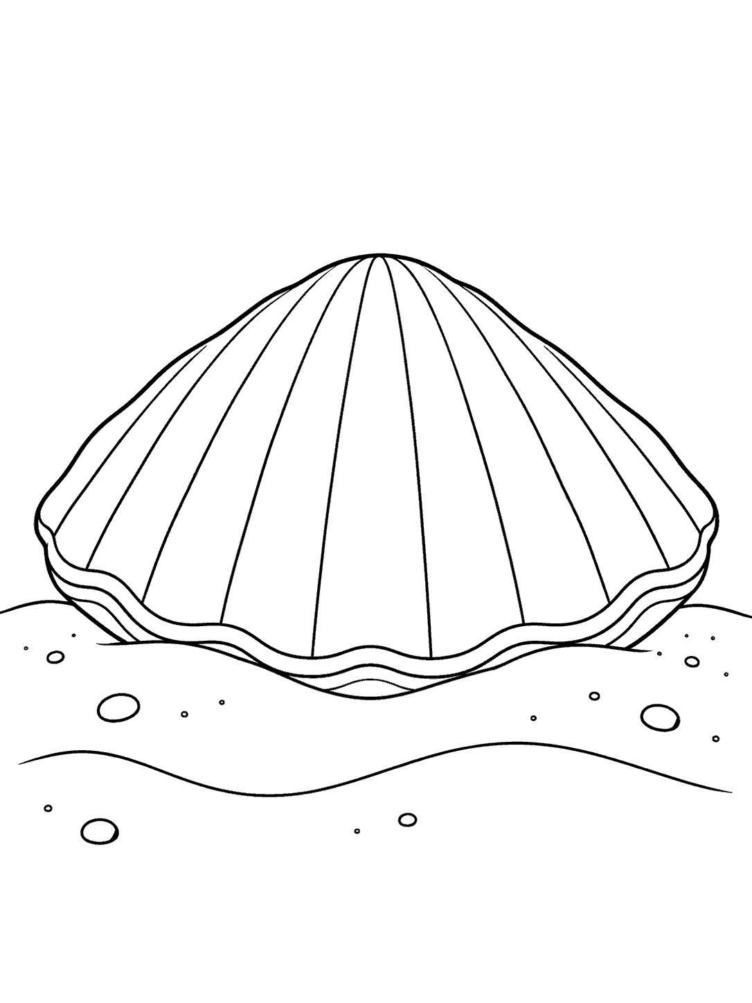 Closed ridged clam partly nestled in a sandy mound with two ripples, in a black and white coloring page.
