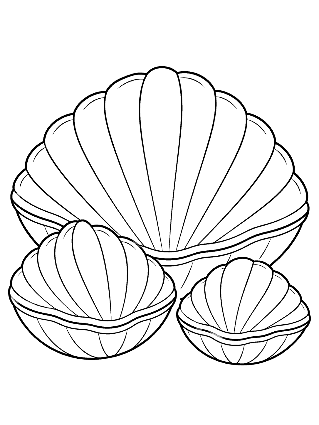 A large fan-shaped clam behind two smaller clams in a black-and-white coloring page.
