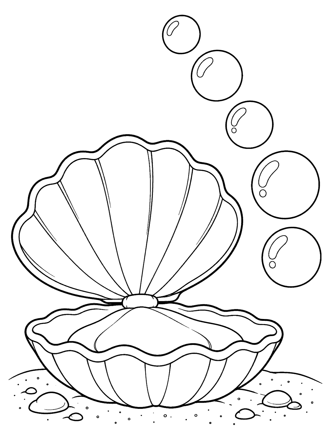 Broad open clam with five bubbles and a small sandy patch in a black-and-white coloring page