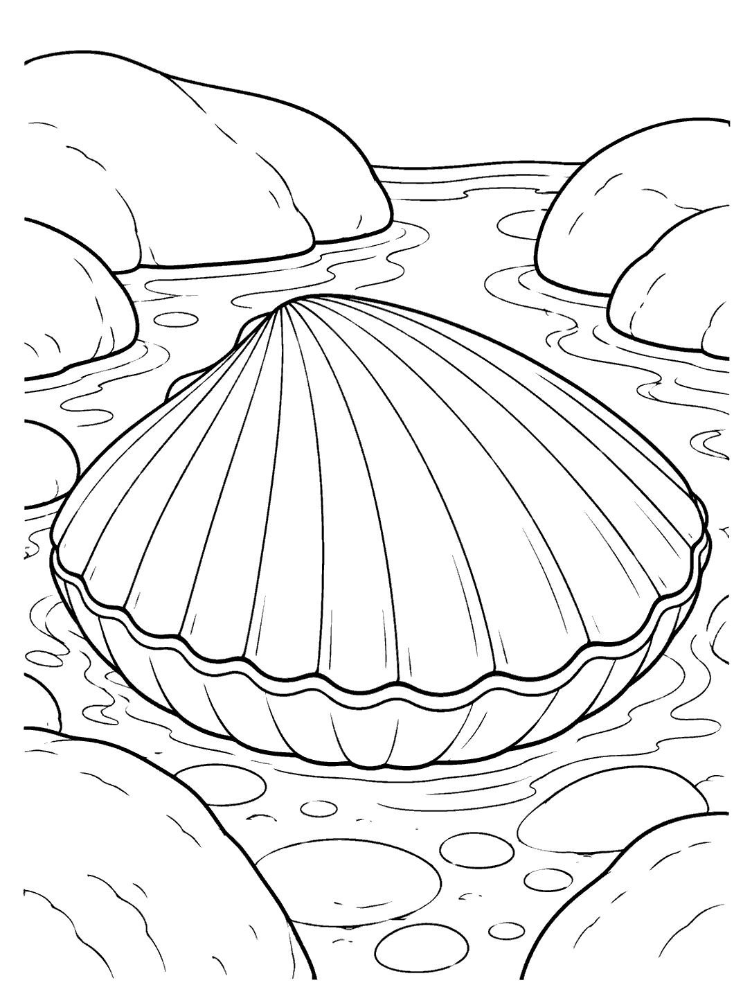 Closed fan-ridged clam in a shallow tide pool coloring page