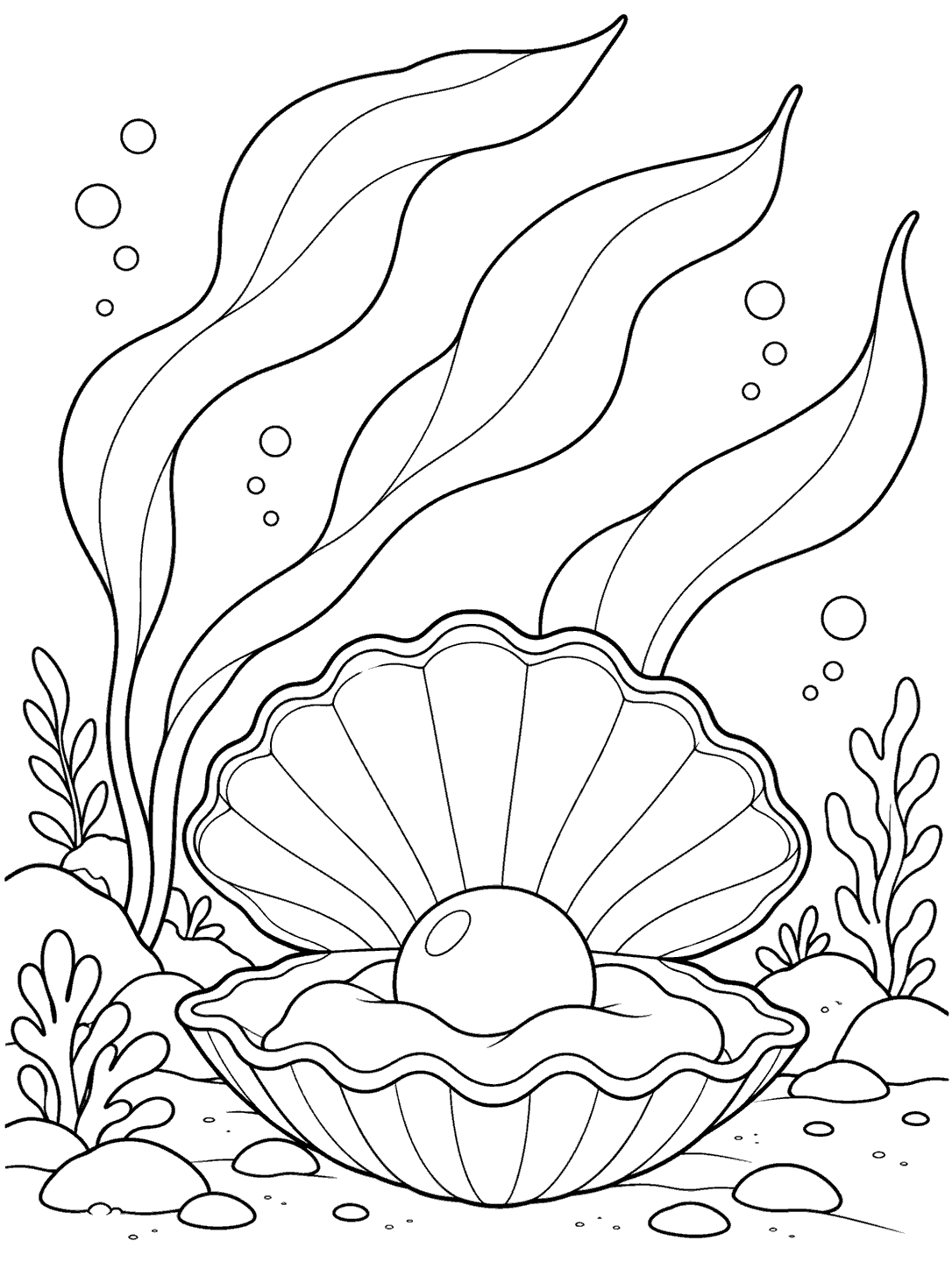 Open clam with broad kelp fronds and underwater details coloring page