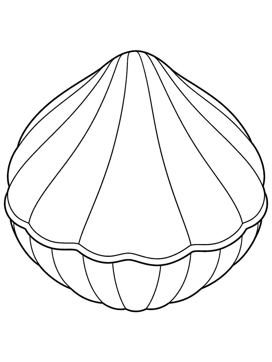 Large closed clam shell with broad curved ridges on a white coloring page