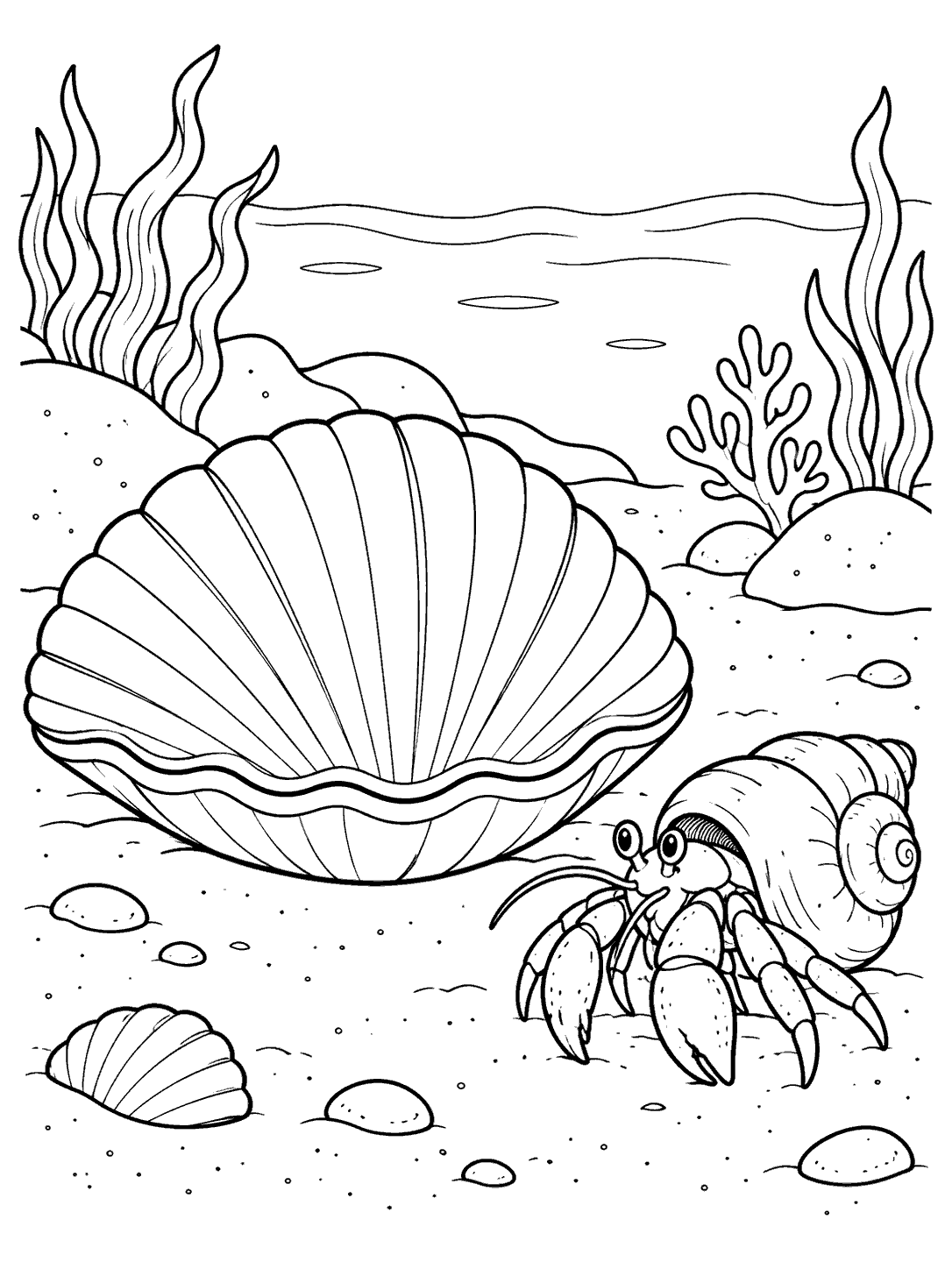A large ridged clam and a hermit crab carrying a spiral shell in an underwater coloring page.