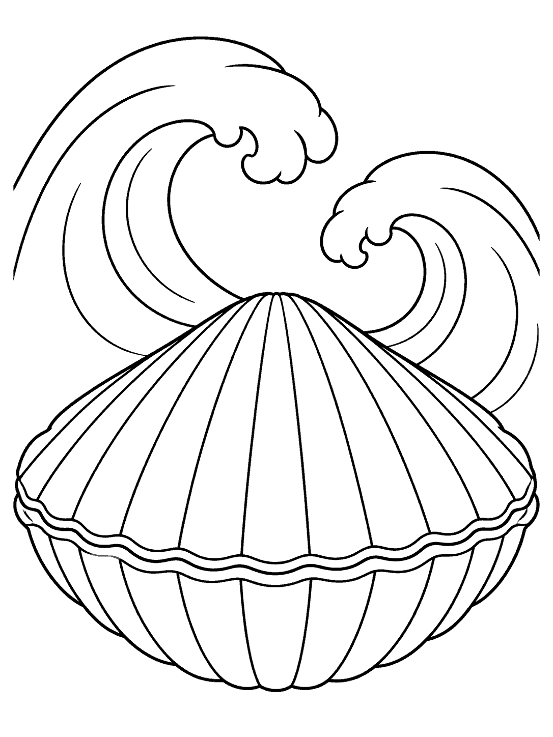 Closed clam shell with radiating ridges and curling ocean waves coloring page