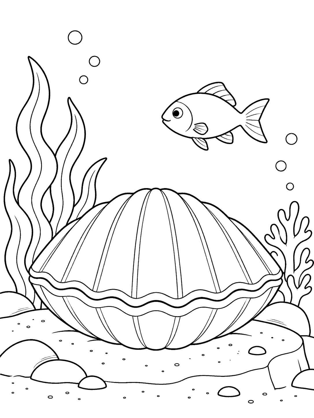 A small fish swims above a large, ridged closed clam on a sandy ledge, with seaweed and bubbles around them.