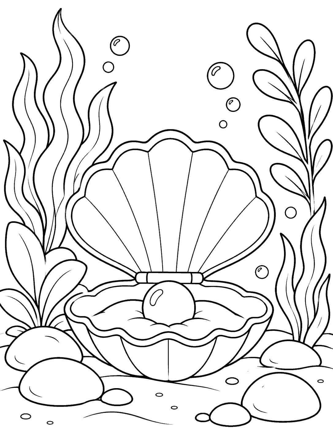 Open clam with a round pearl, sea plants, bubbles, and stones coloring page