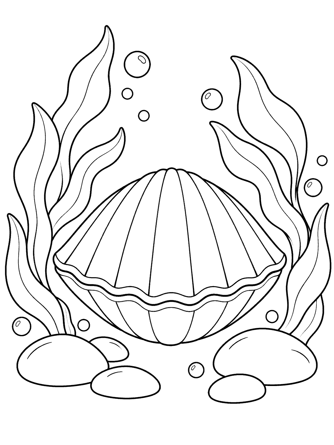 Closed ridged clam shell surrounded by broad seaweed leaves, bubbles, and smooth stones in a black-and-white coloring page.