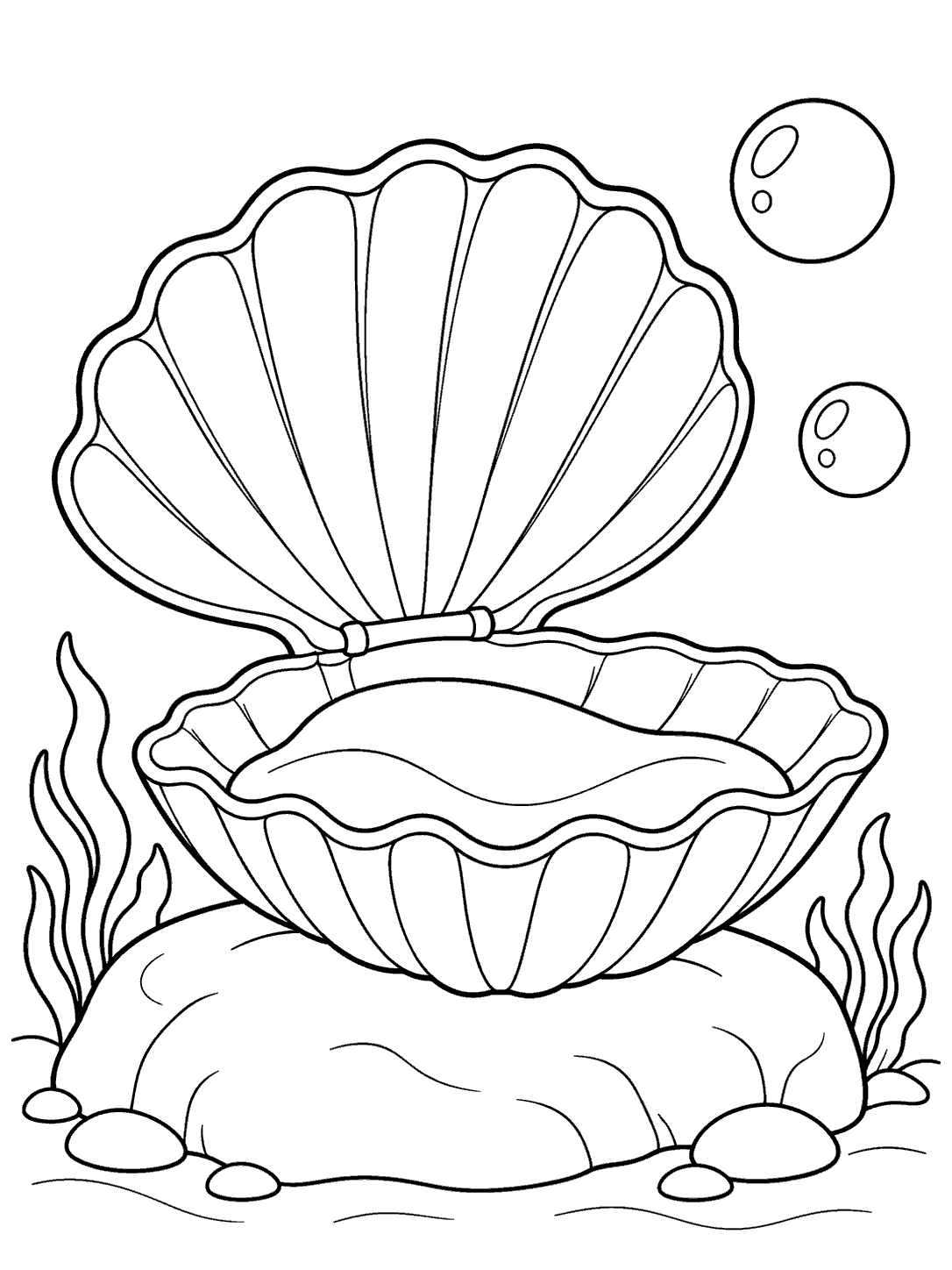 Black-and-white coloring page showing an open clam with a clear hinge perched on a broad rock, with two bubbles.
