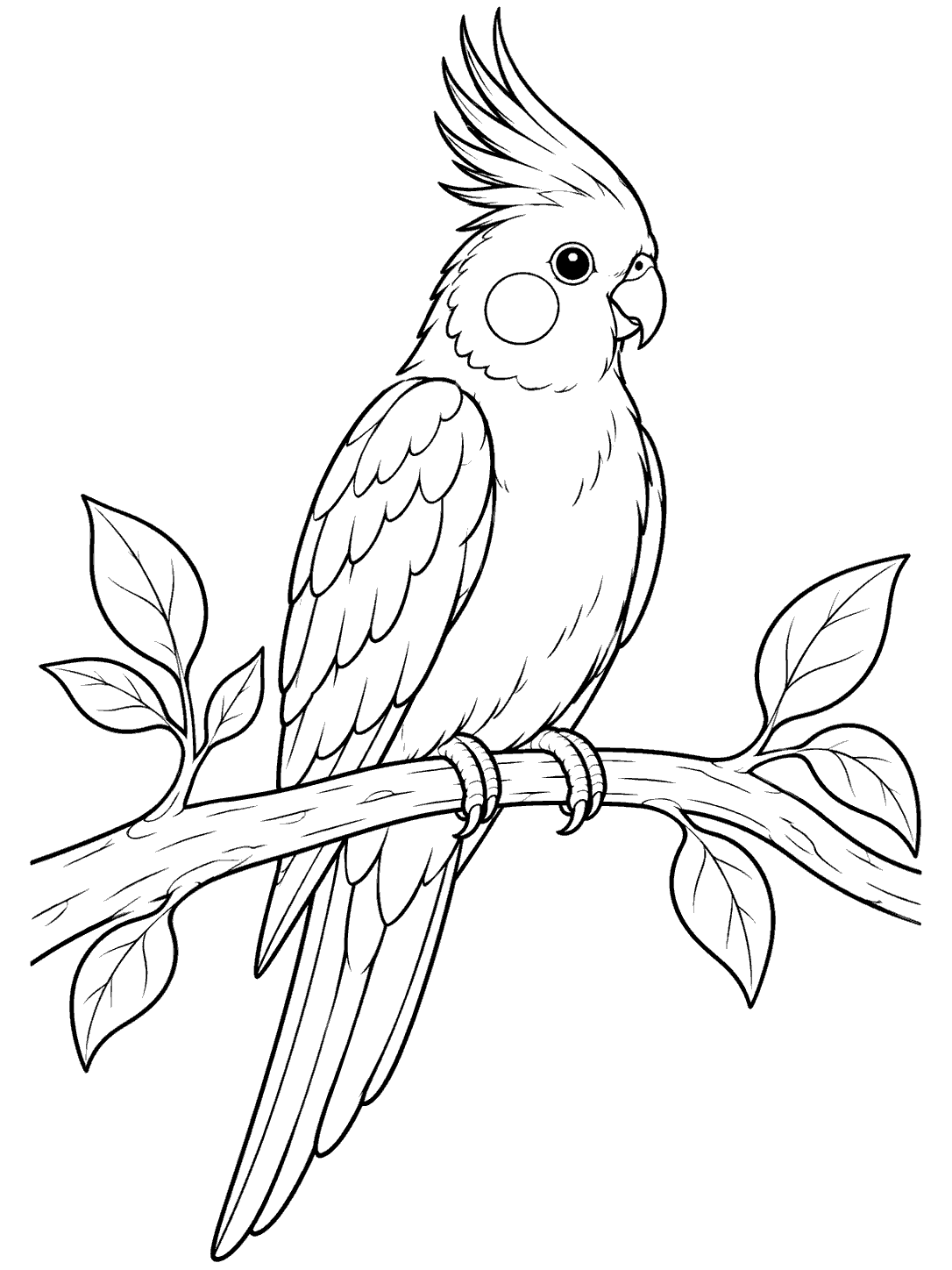 Cockatiel perched on a leafy branch coloring page