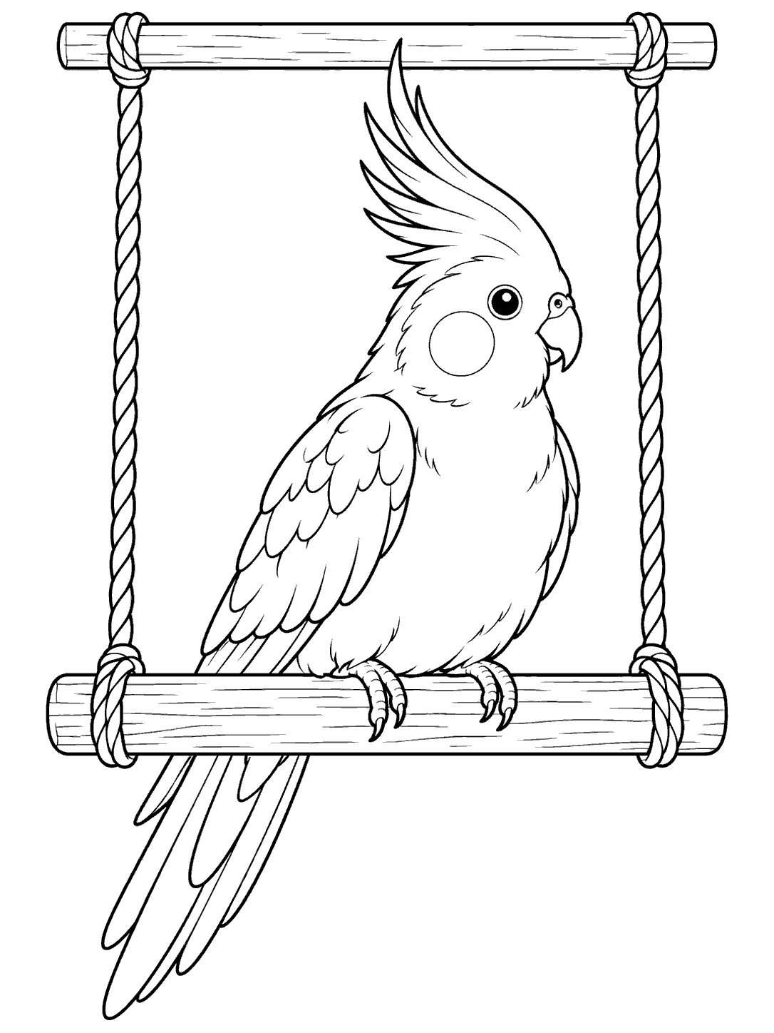 Cockatiel balancing on a hanging swing coloring page