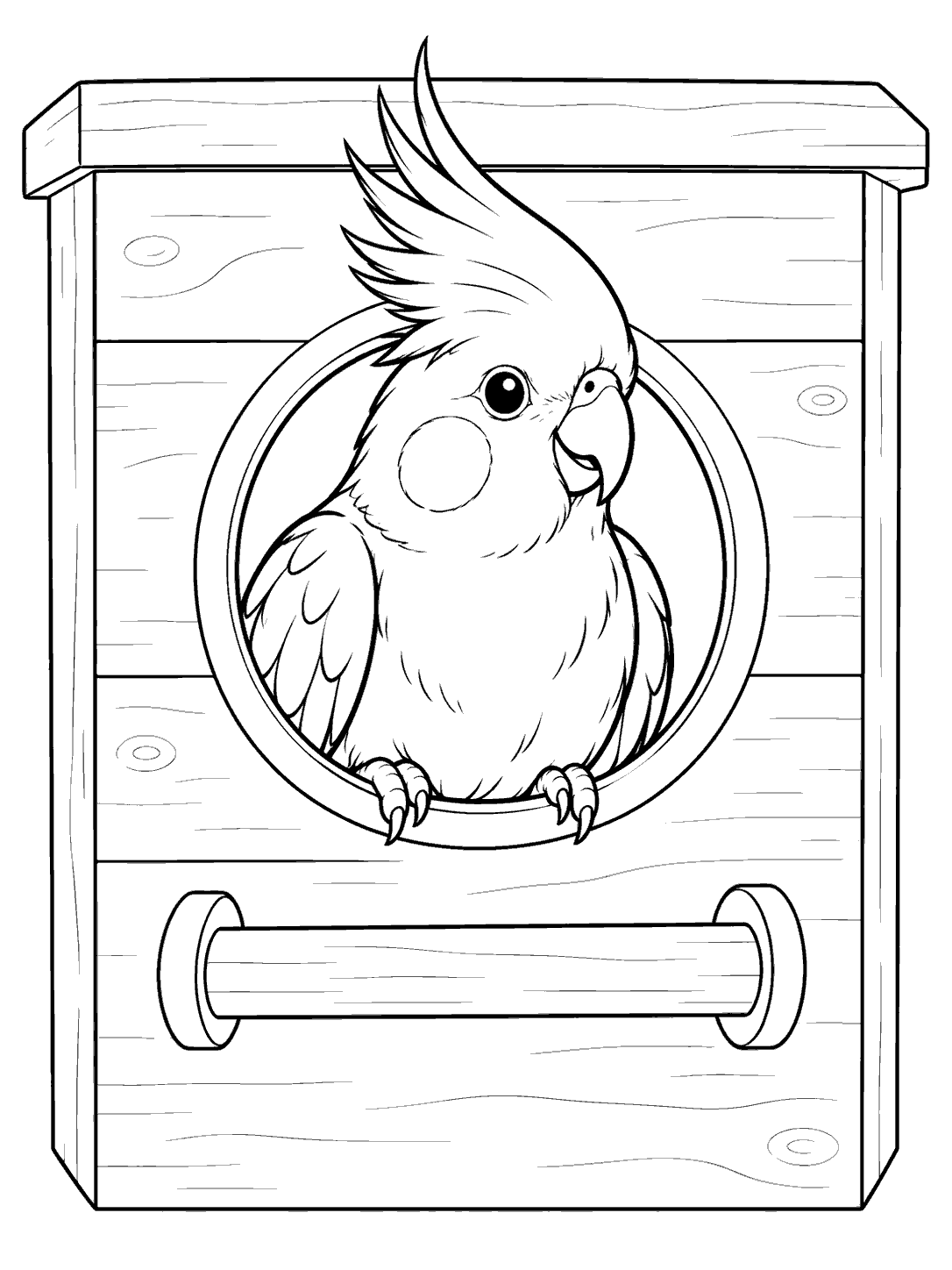 Cockatiel looking out from a wooden nest box coloring page