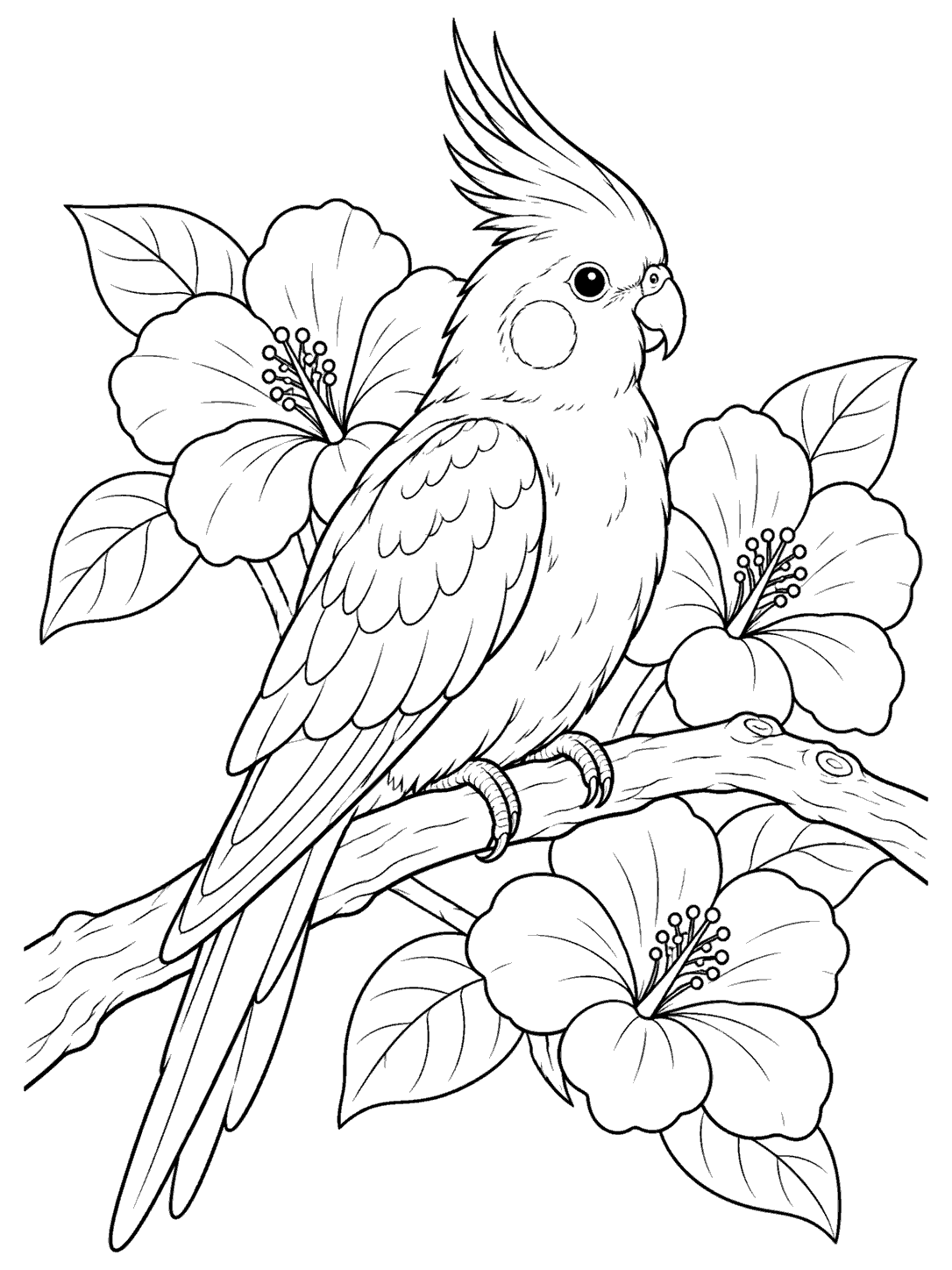 Cockatiel with a raised crest perched on a branch among three blossoms and broad leaves, coloring page.