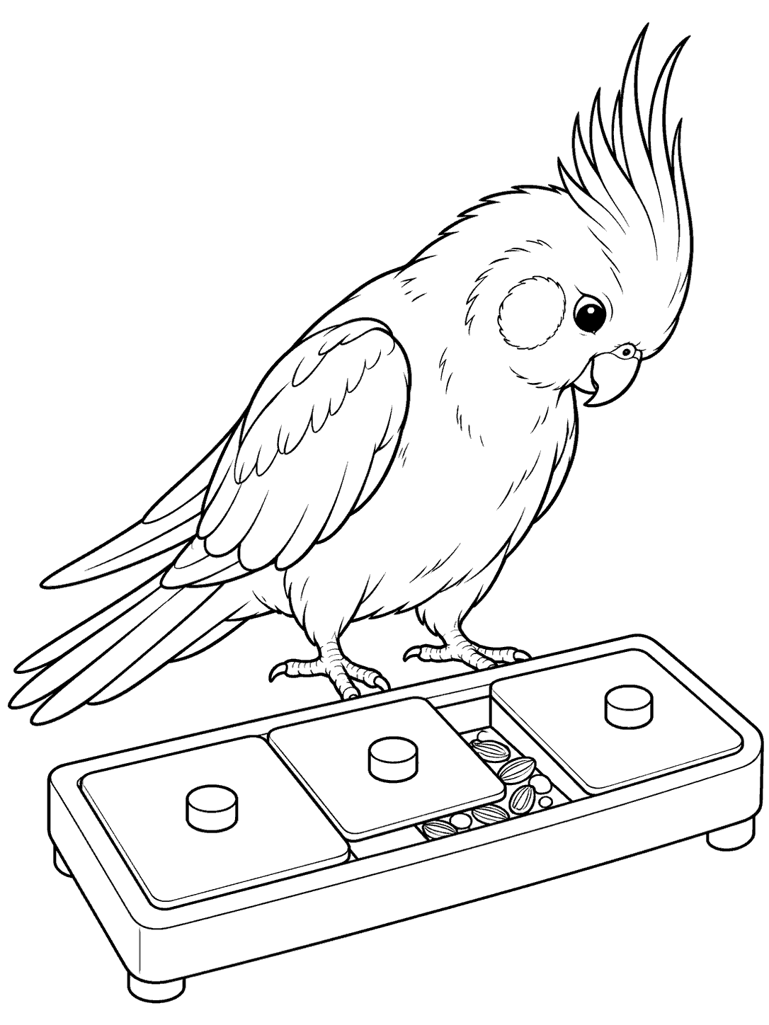 Cockatiel with a tall crest and long tail standing beside a three-cover foraging tray with visible seeds.