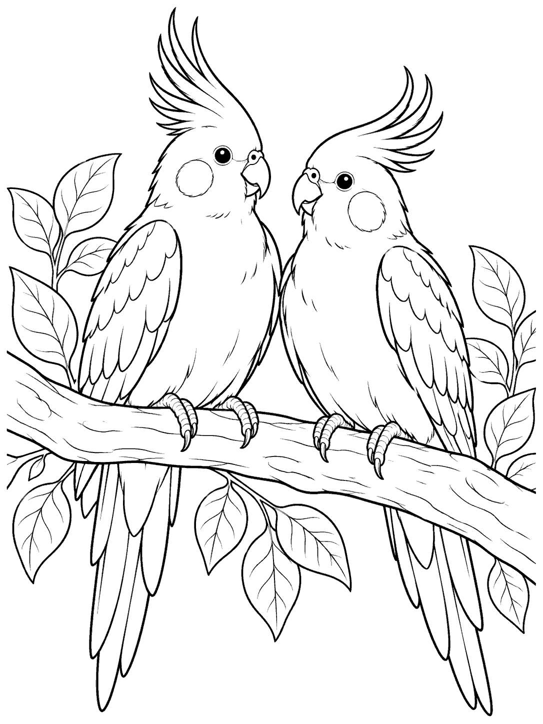 Two crested cockatiels with cheek patches perched together on a branch with leaves in a black-and-white coloring page.