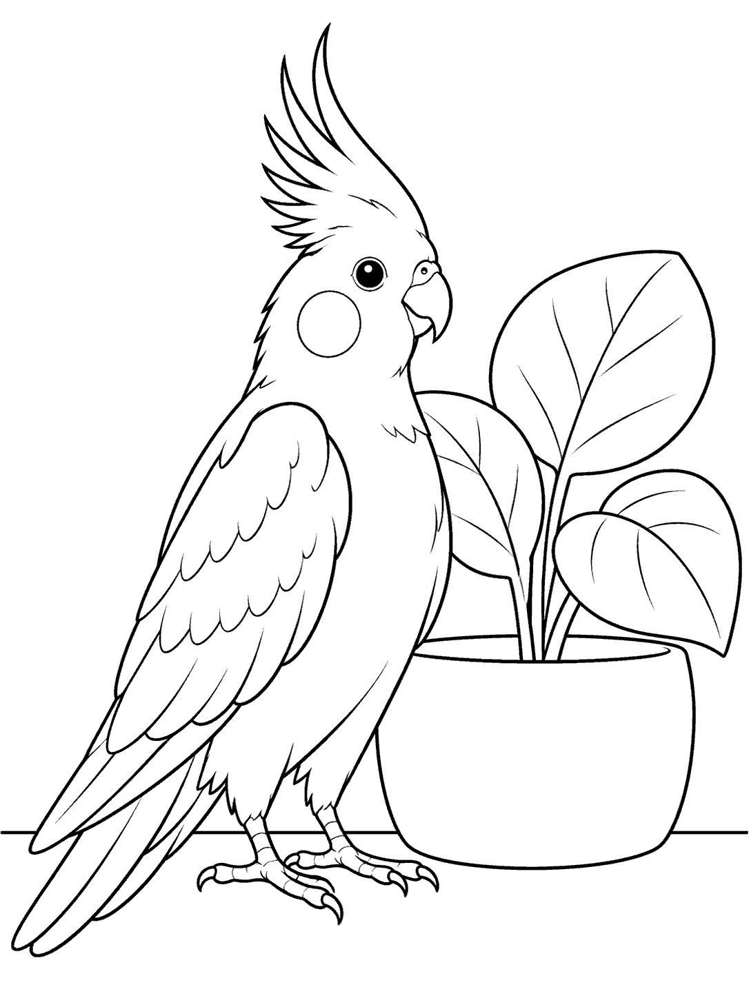 Cockatiel beside a potted plant coloring page