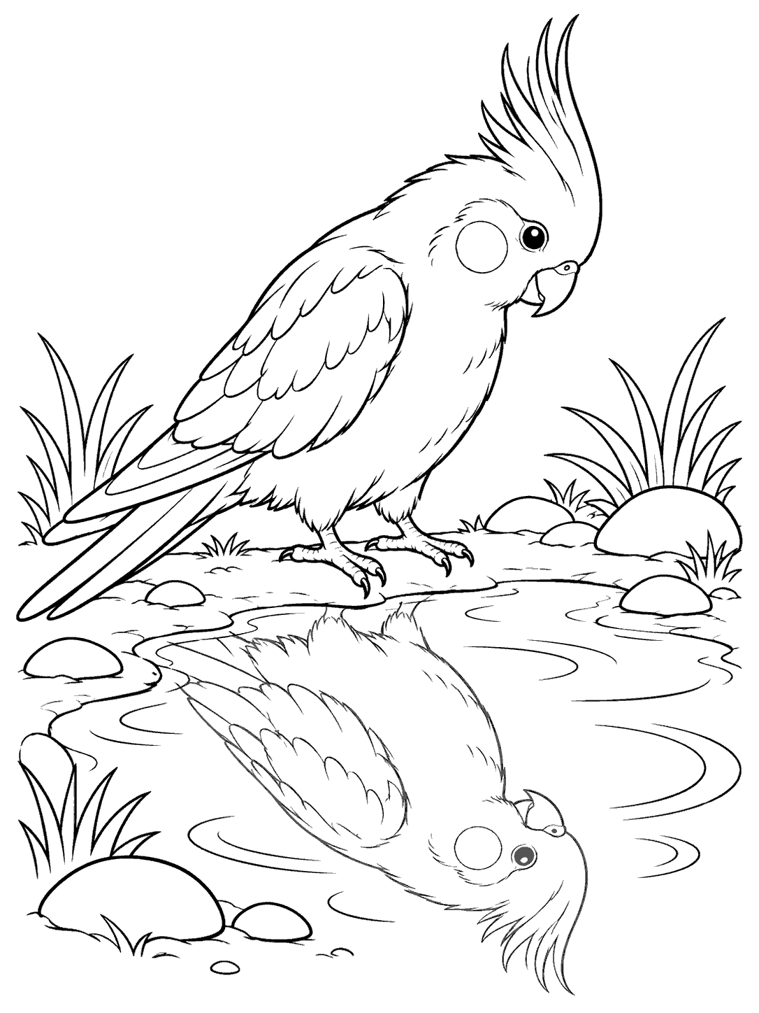 Black-and-white cockatiel coloring page showing a crested bird beside a puddle with its mirrored reflection in the water.