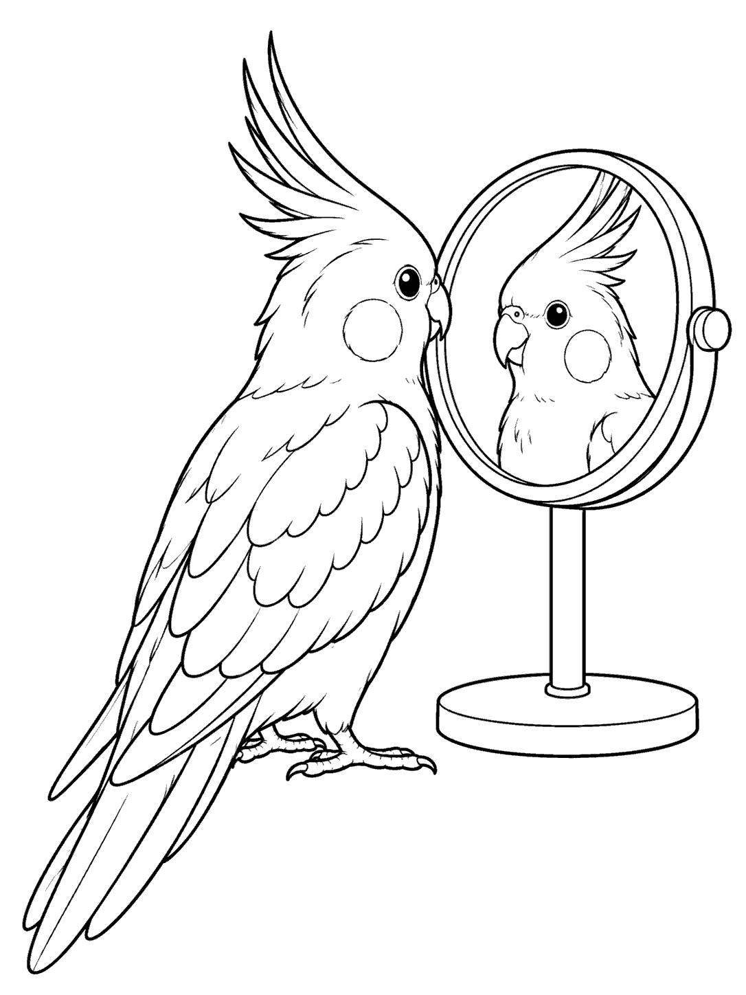 Cockatiel looking at its reflection in a round standing mirror coloring page