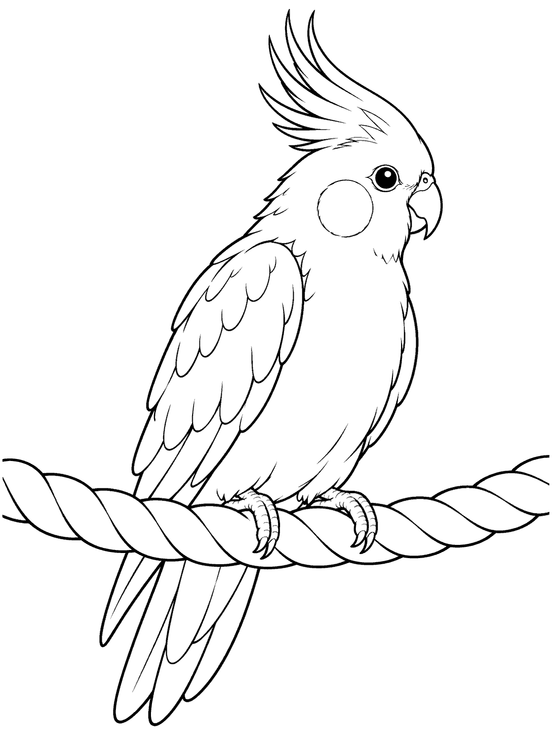 Black-and-white cockatiel coloring page showing the bird in profile on a thick twisted rope perch, with raised crest and long tail.