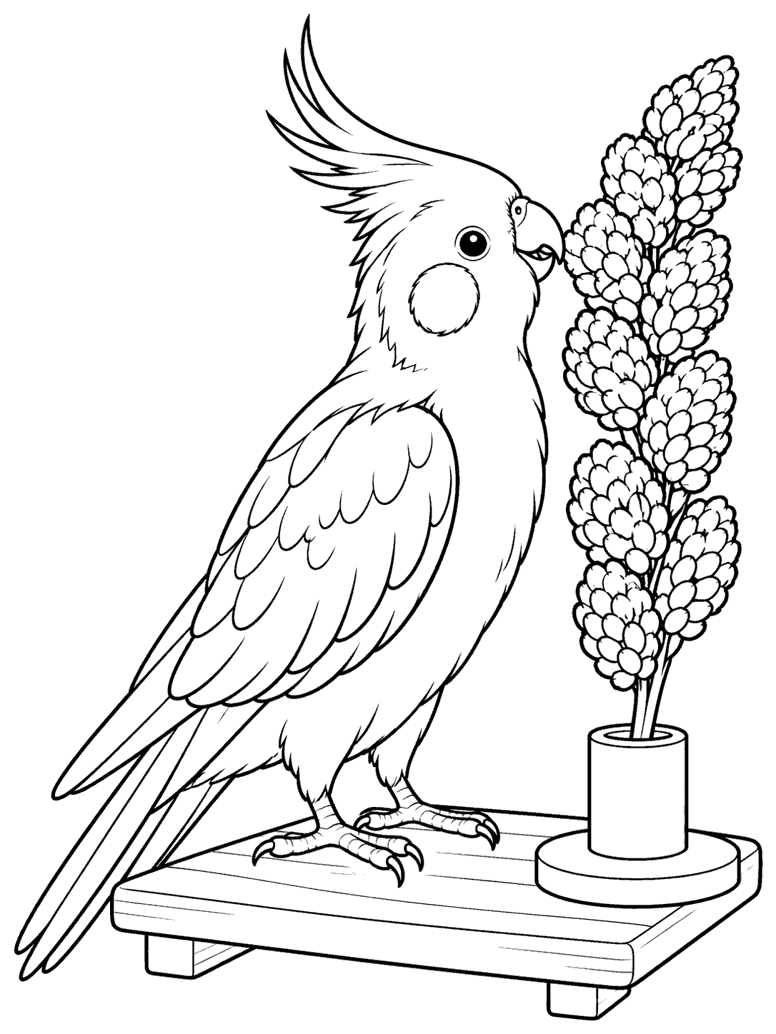 Cockatiel reaching for a seed sprig coloring page