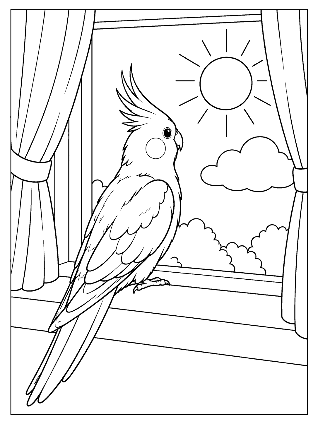 Portrait black-and-white cockatiel coloring page showing the bird perched at a window with open curtains, a sun and clouds outside.