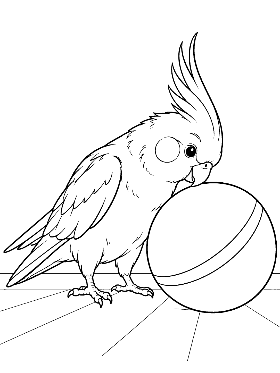 Black line art of a cockatiel nudging a large ball in a coloring page.