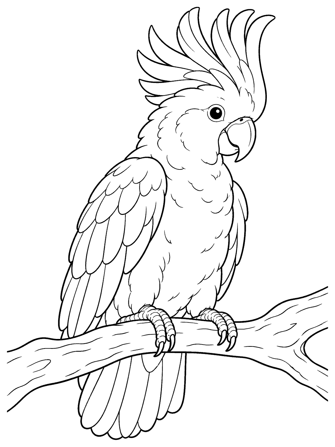 Crested cockatoo perched on a branch coloring page