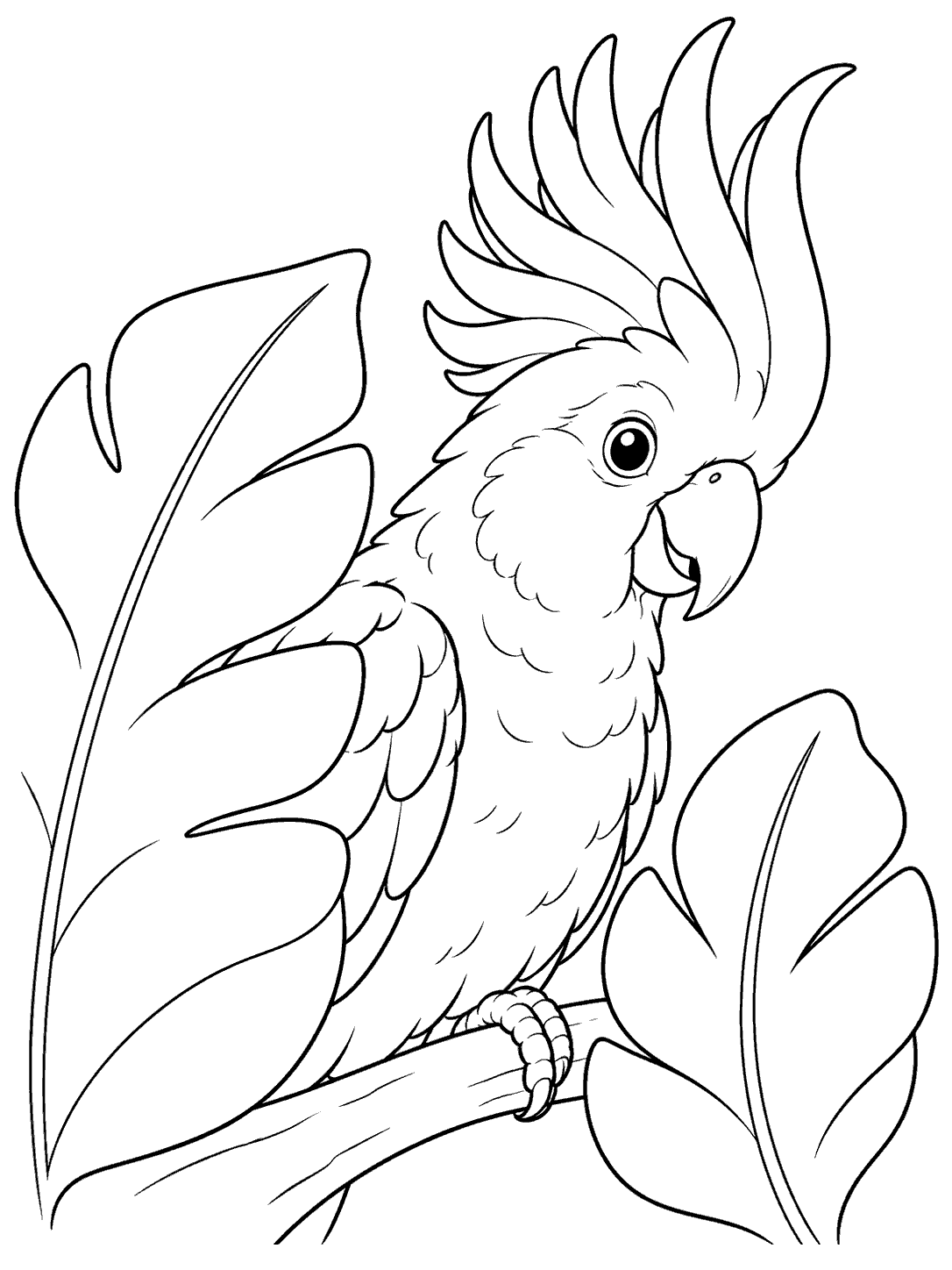 Cockatoo peeking between tropical leaves coloring page