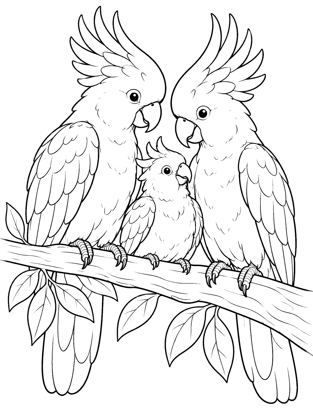 Two adult cockatoos and a chick perched on a leafy branch in a coloring page