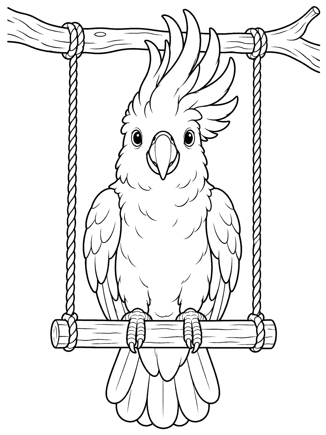 Cockatoo perched on a hanging swing coloring page