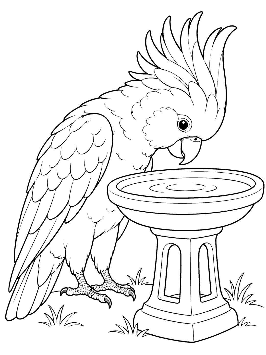 Cockatoo beside a shallow birdbath coloring page