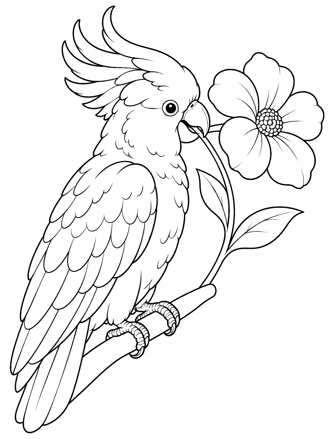 Cockatoo holding a flower in its beak coloring page