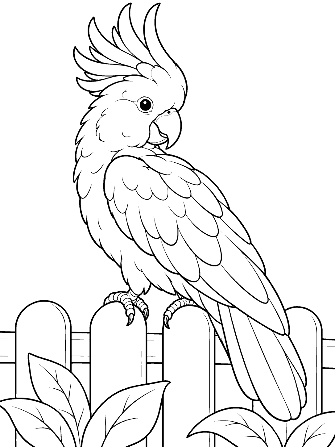Black line art of a crested cockatoo perched on a garden fence, looking over its shoulder, with leaves along the bottom edge.