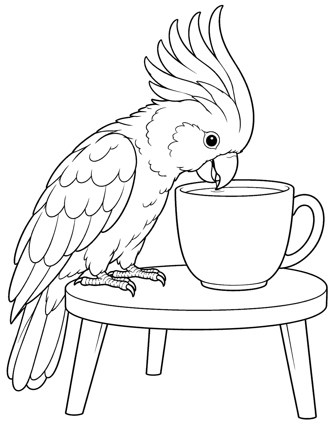 Black-and-white coloring page showing a crested cockatoo leaning its beak into a plain cup on a low table.