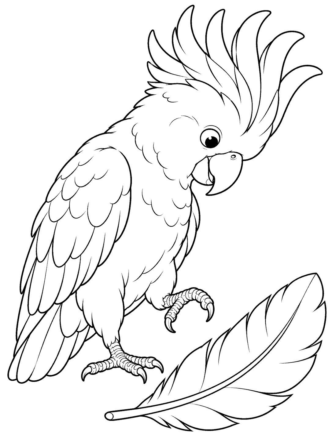 Black-and-white coloring page showing a cockatoo with its crest raised and one foot lifted beside a large feather.
