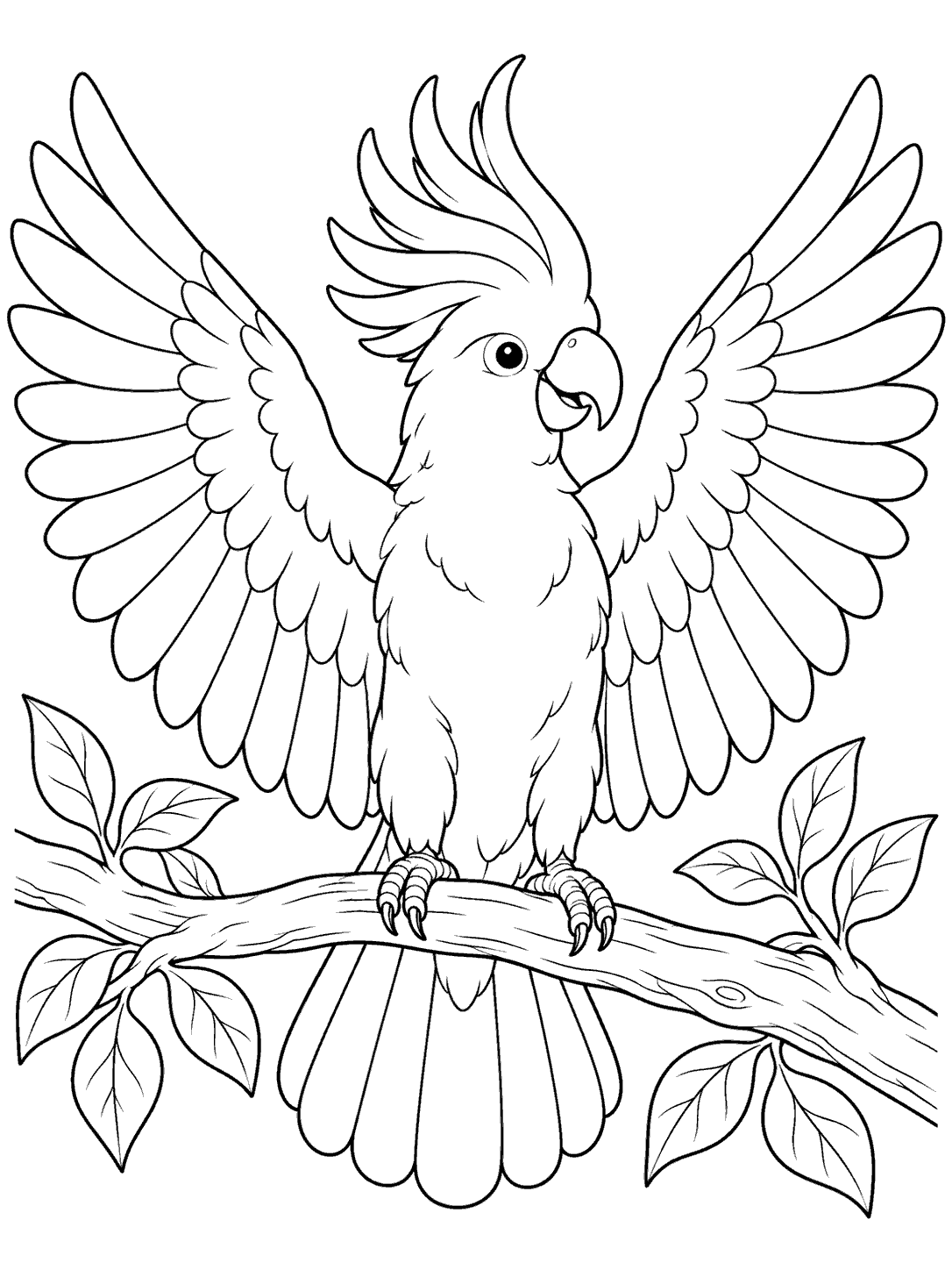 Cockatoo stretching its wings while perched coloring page